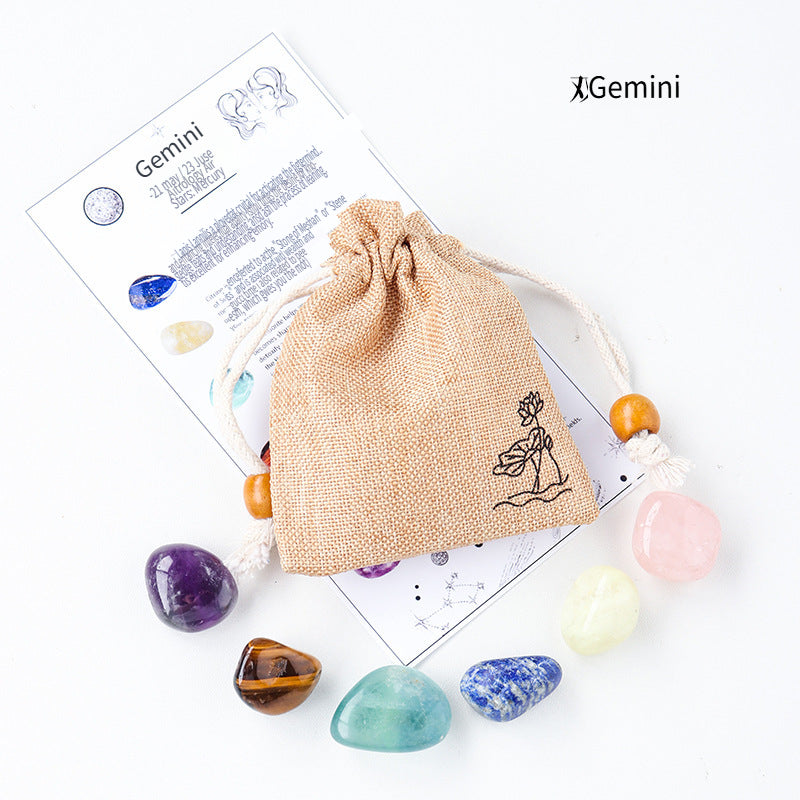 RYS Natural crystal cloth bag with rough stone, set of twelve constellations, handmade ore sample, gift for children