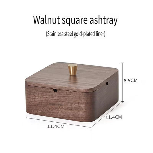 YZBZ Walnut ashtray with lid to prevent fly ash, stainless steel gold-plated liner, suitable for home and office