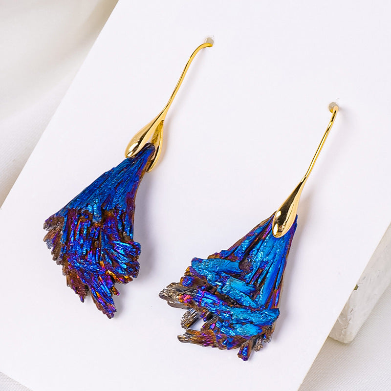 RYS Natural electroplated black tourmaline blue feather rough stone earrings, tourmaline peacock feather ear hook jewelry