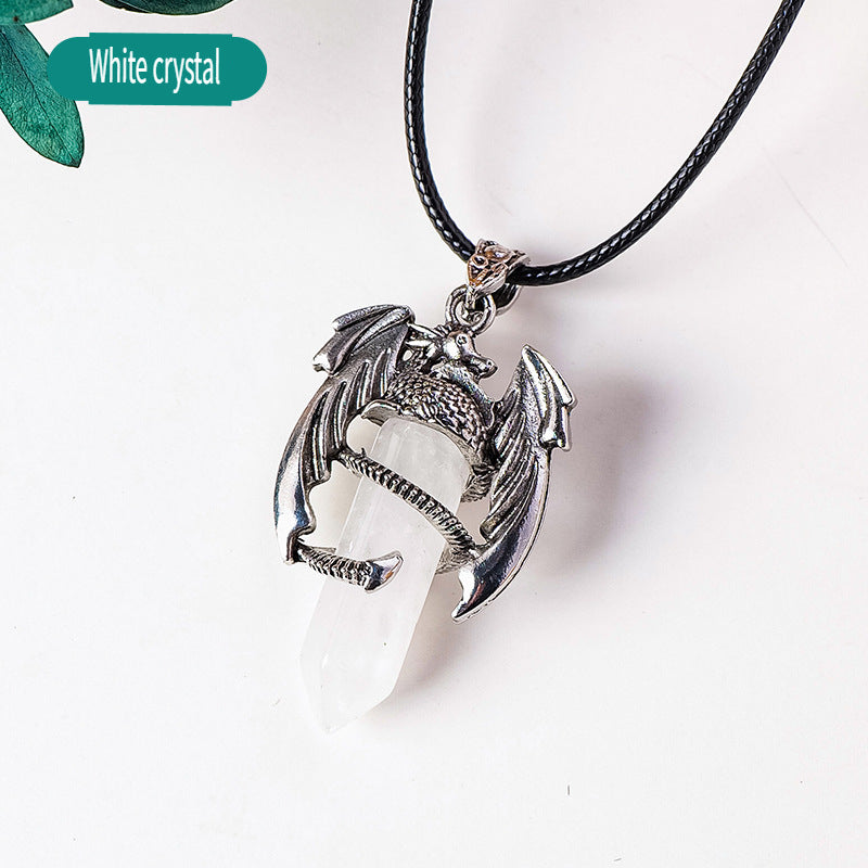 RYS Necklace with a pendant in the form of a flying dragon on one end column made of natural crystal, necklace with a hexagonal crystal column