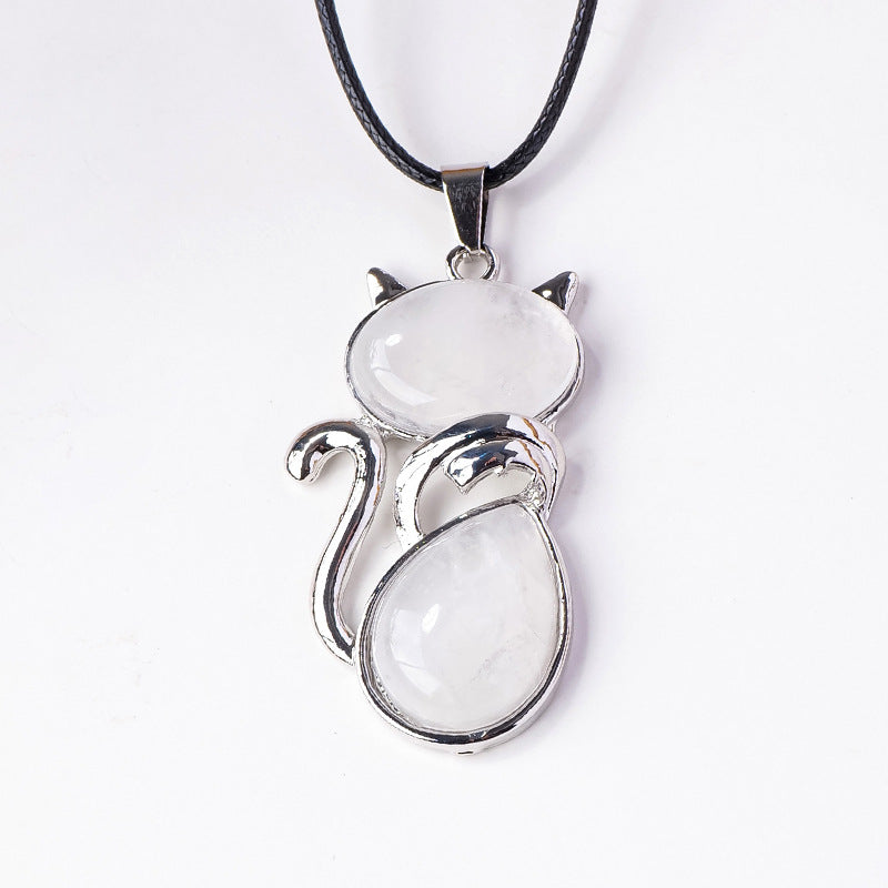 RYS Natural crystal semi-precious stone inlaid cat pendant necklace