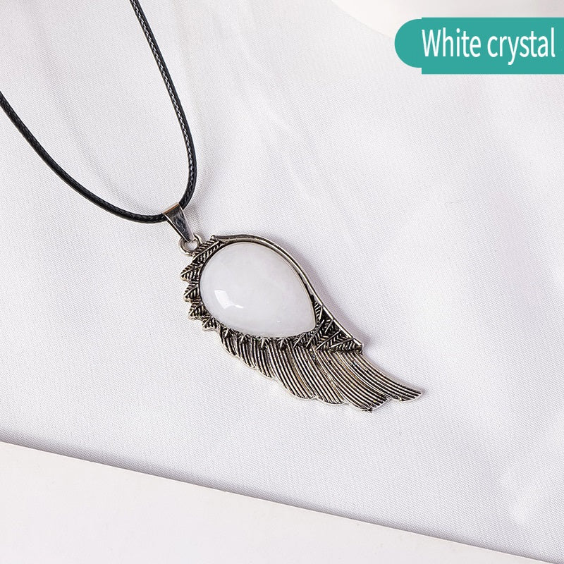 RYS Natural crystal gemstone rough Angel Wing Pendant necklace, retro crystal crafts