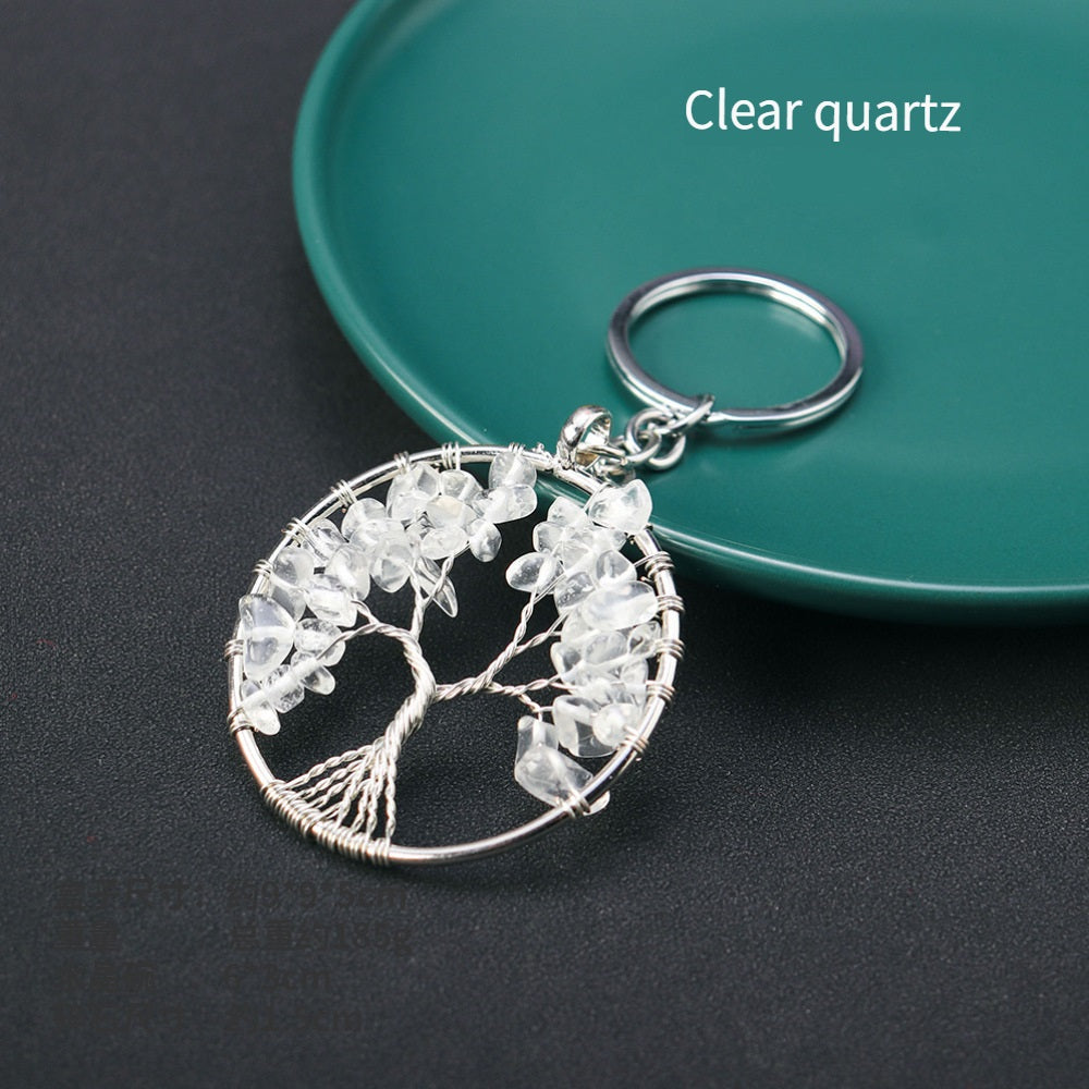 RYS Natural crystal Tree of Life keychain, crystal rough stone gravel key chain