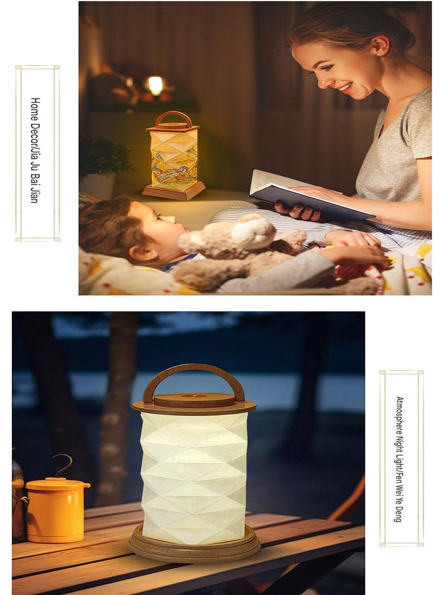 OBB Creative solid wood paper art atmosphere desk lamp, cultural and creative gift lamp, ornaments, touch dimming LED rechargeable night light