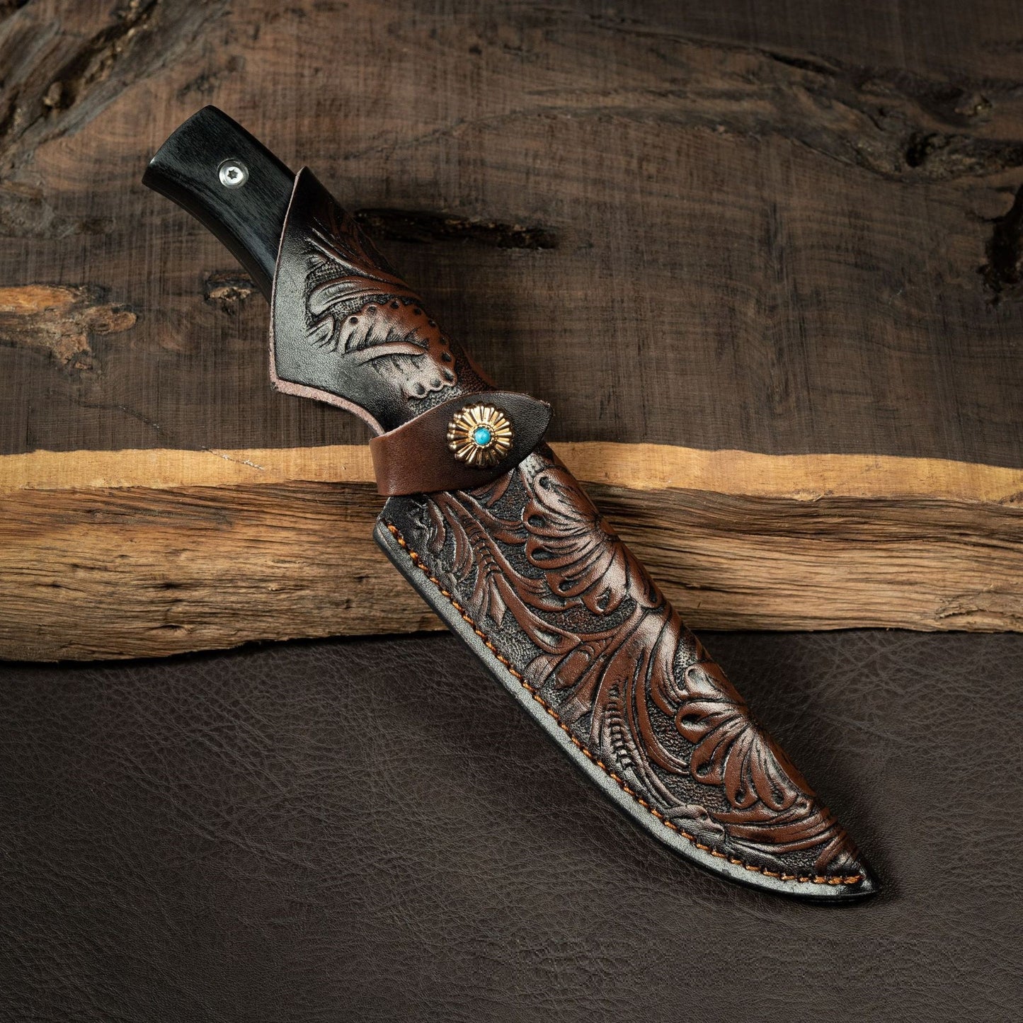 HFD Damascus steel fruit knife, hand-forged, fishbone pattern, outdoor high hardness portable knife, with leather case