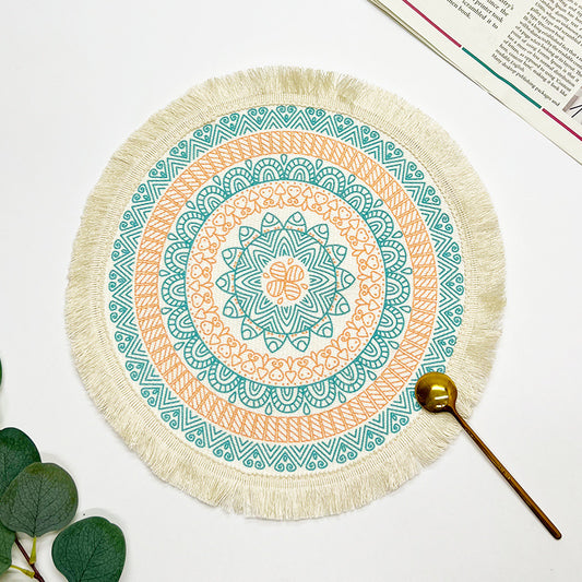BGS hand-woven Bohemian cotton placemat with tassels, Nordic fabric woven round cushion，diameter 16/34 cm (6.3/13.4 inches)