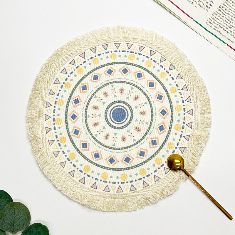 BGS hand-woven Bohemian cotton placemat with tassels, Nordic fabric woven round cushion，diameter 16/34 cm (6.3/13.4 inches)