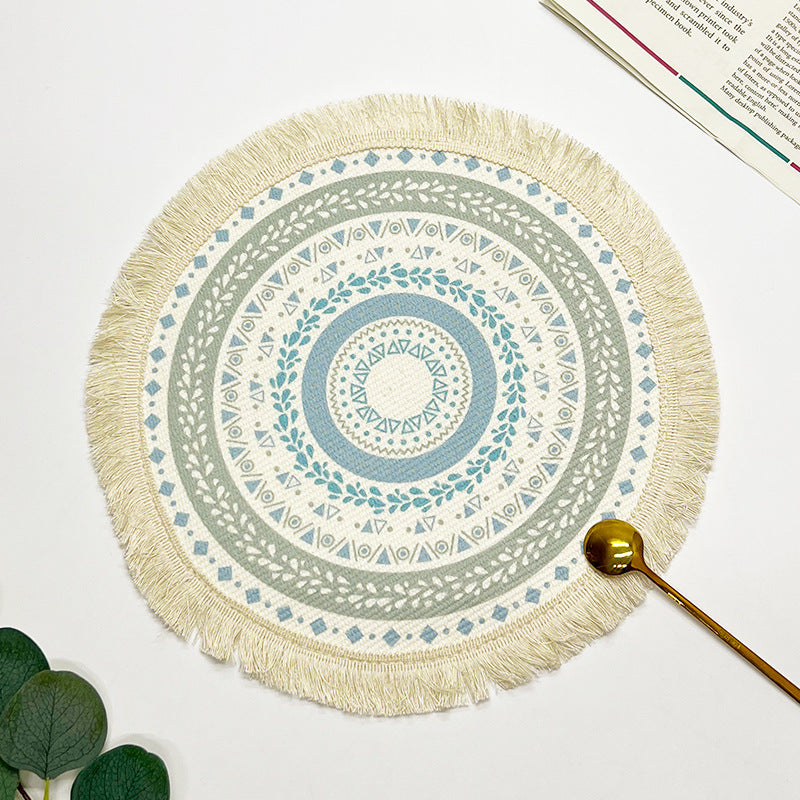 BGS hand-woven Bohemian cotton placemat with tassels, Nordic fabric woven round cushion，diameter 16/34 cm (6.3/13.4 inches)