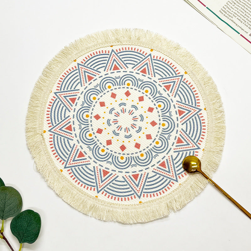BGS hand-woven Bohemian cotton placemat with tassels, Nordic fabric woven round cushion，diameter 16/34 cm (6.3/13.4 inches)