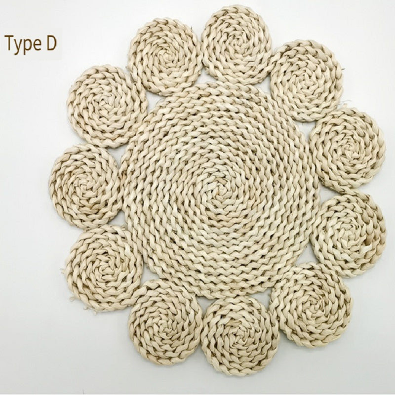 BGS corn fur woven placemat, creative flower-shaped woven heat insulation pad, diameter 9.8/11.8/13/15 inches, 9 styles