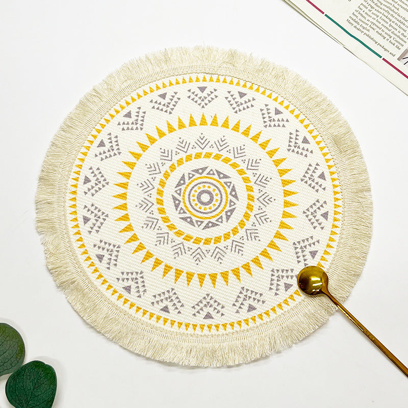 BGS hand-woven Bohemian cotton placemat with tassels, Nordic fabric woven round cushion，diameter 16/34 cm (6.3/13.4 inches)