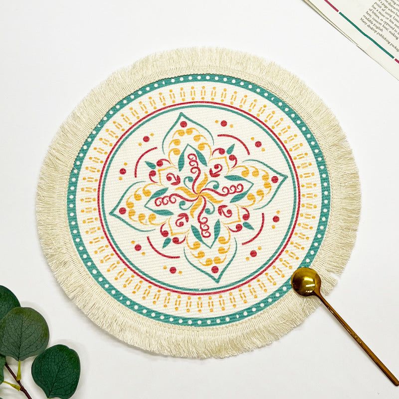 BGS hand-woven Bohemian cotton placemat with tassels, Nordic fabric woven round cushion，diameter 16/34 cm (6.3/13.4 inches)