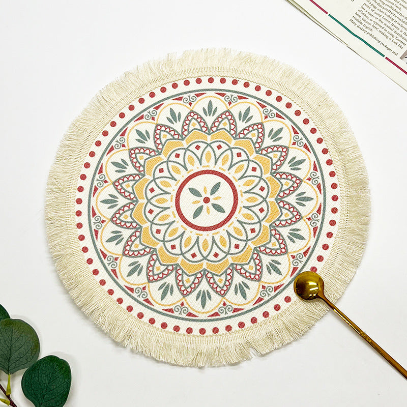 BGS hand-woven Bohemian cotton placemat with tassels, Nordic fabric woven round cushion，diameter 16/34 cm (6.3/13.4 inches)