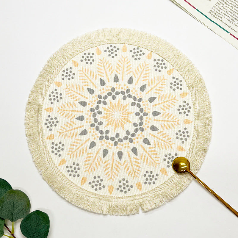 BGS hand-woven Bohemian cotton placemat with tassels, Nordic fabric woven round cushion，diameter 16/34 cm (6.3/13.4 inches)