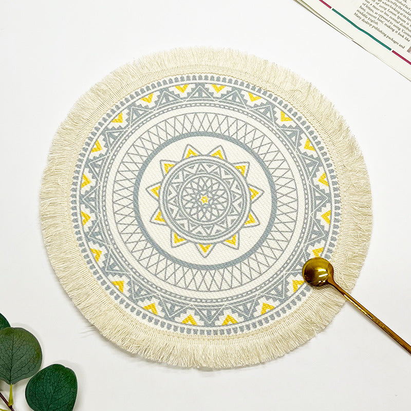 BGS hand-woven Bohemian cotton placemat with tassels, Nordic fabric woven round cushion，diameter 16/34 cm (6.3/13.4 inches)