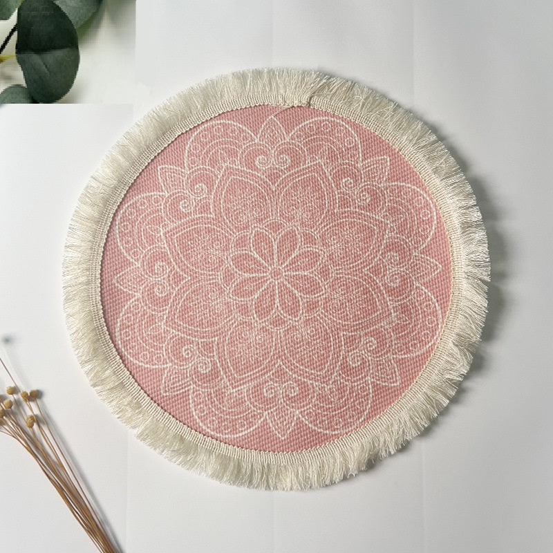 BGS hand-woven Bohemian cotton placemat with tassels, Nordic fabric woven round cushion，diameter 16/34 cm (6.3/13.4 inches)