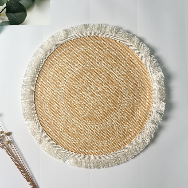 BGS hand-woven Bohemian cotton placemat with tassels, Nordic fabric woven round cushion，diameter 16/34 cm (6.3/13.4 inches)