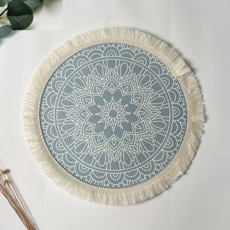 BGS hand-woven Bohemian cotton placemat with tassels, Nordic fabric woven round cushion，diameter 16/34 cm (6.3/13.4 inches)