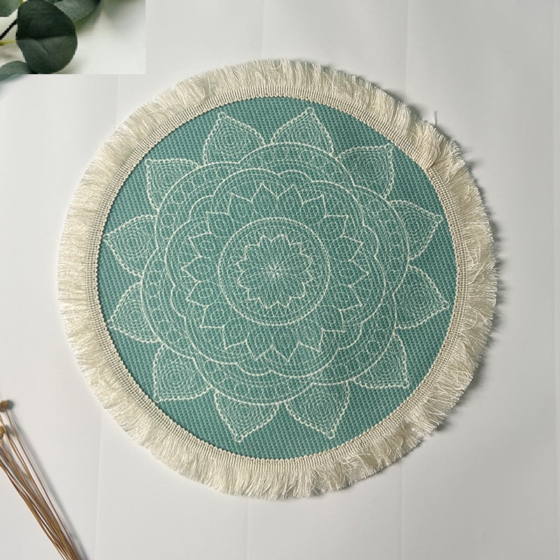 BGS hand-woven Bohemian cotton placemat with tassels, Nordic fabric woven round cushion，diameter 16/34 cm (6.3/13.4 inches)