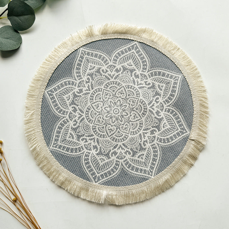 BGS hand-woven Bohemian cotton placemat with tassels, Nordic fabric woven round cushion，diameter 16/34 cm (6.3/13.4 inches)