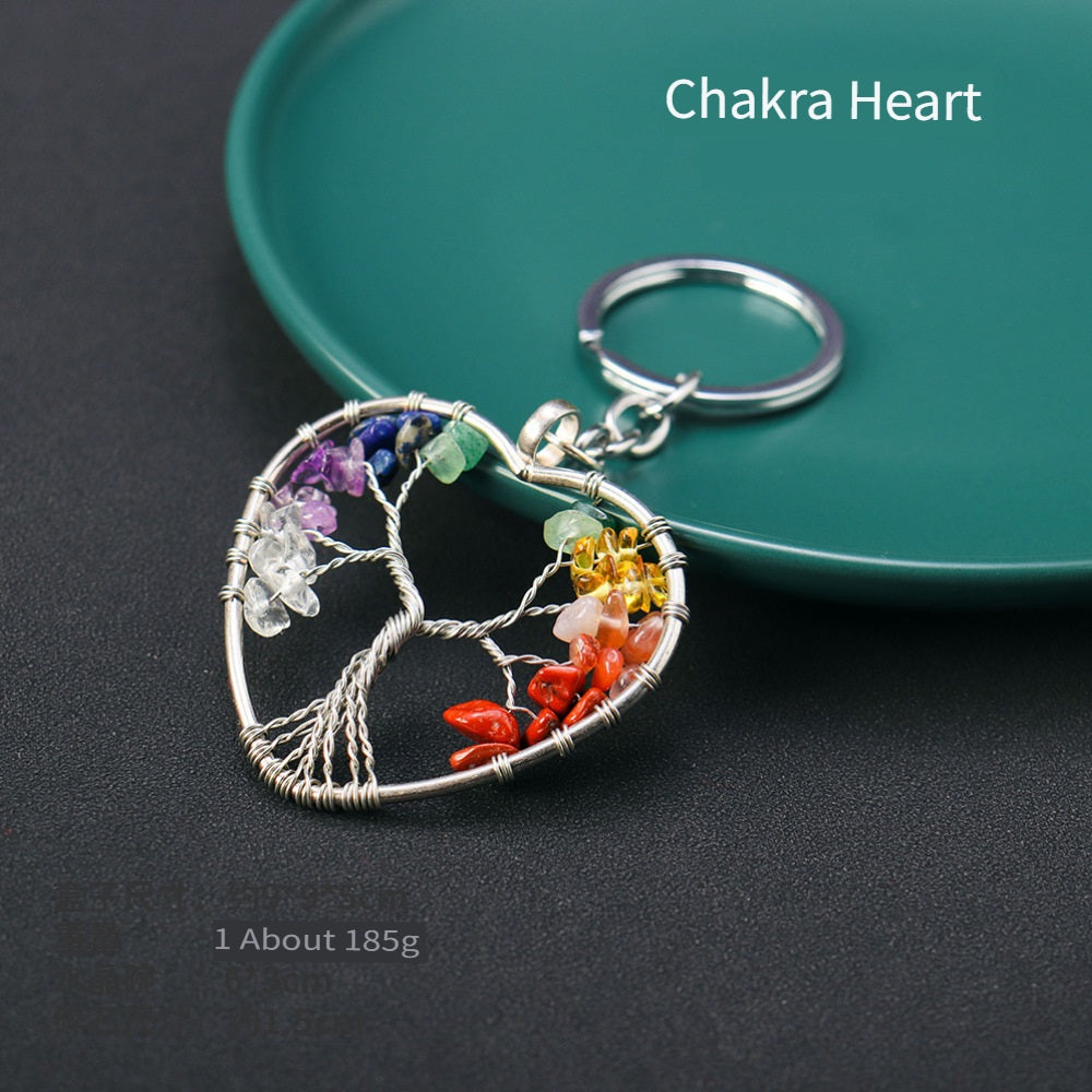 RYS Natural crystal Tree of Life keychain, crystal rough stone gravel key chain