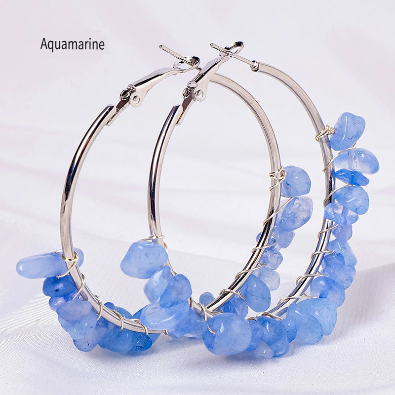 RYS Natural crystal gravel earrings, hand-wound, fashionable and versatile round earrings