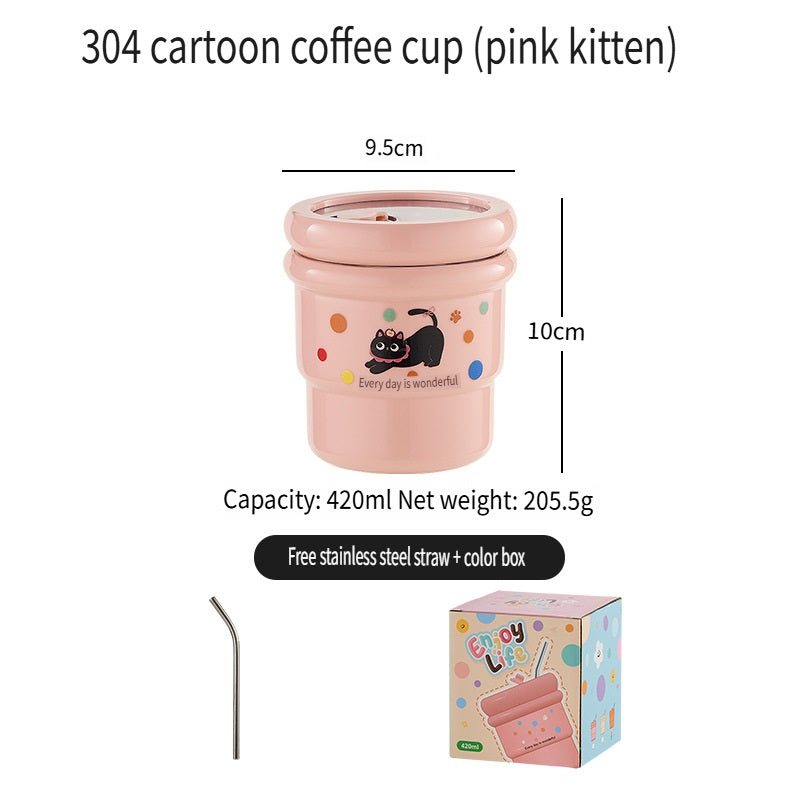 HGD 304 stainless steel coffee cup, cartoon pattern, with straw