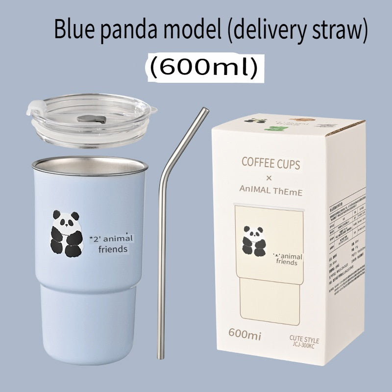 HGD 304 stainless steel coffee cup, cartoon pattern, with straw
