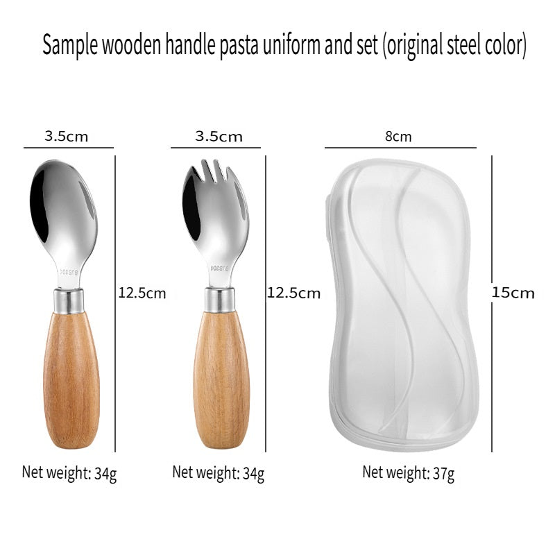 HOMGED 304 stainless steel beech handle children's spoon and fork set, original steel color and gold，can stand upright