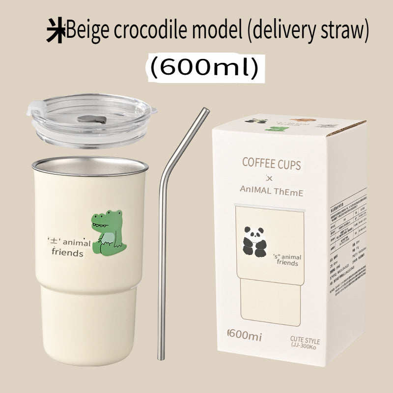 HGD 304 stainless steel coffee cup, cartoon pattern, with straw