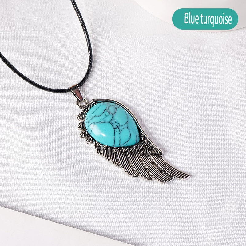 RYS Natural crystal gemstone rough Angel Wing Pendant necklace, retro crystal crafts