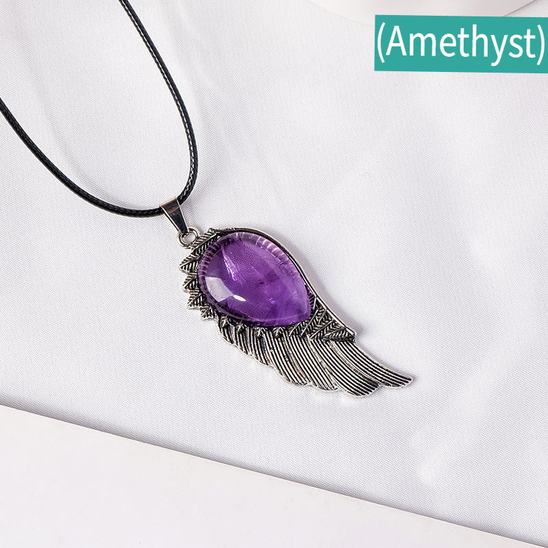 RYS Natural crystal gemstone rough Angel Wing Pendant necklace, retro crystal crafts