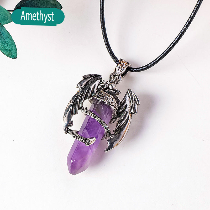 RYS Necklace with a pendant in the form of a flying dragon on one end column made of natural crystal, necklace with a hexagonal crystal column
