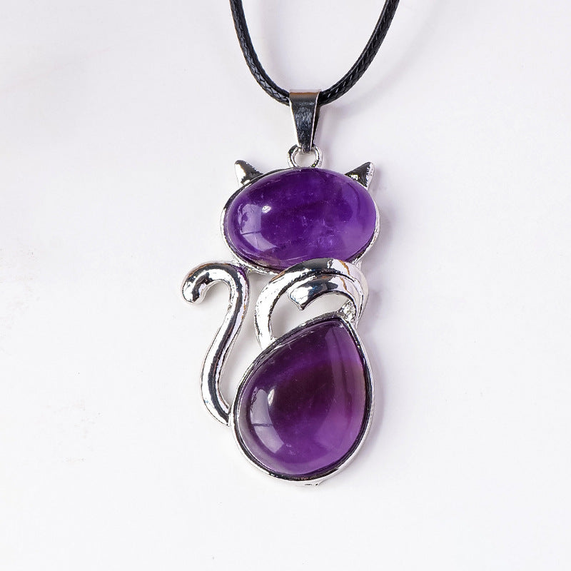 RYS Natural crystal semi-precious stone inlaid cat pendant necklace