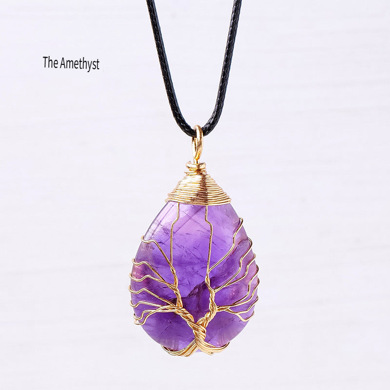 RYS Tree of Life water drop wrapped silk Pendant, hand-woven natural crystal energy stone necklace