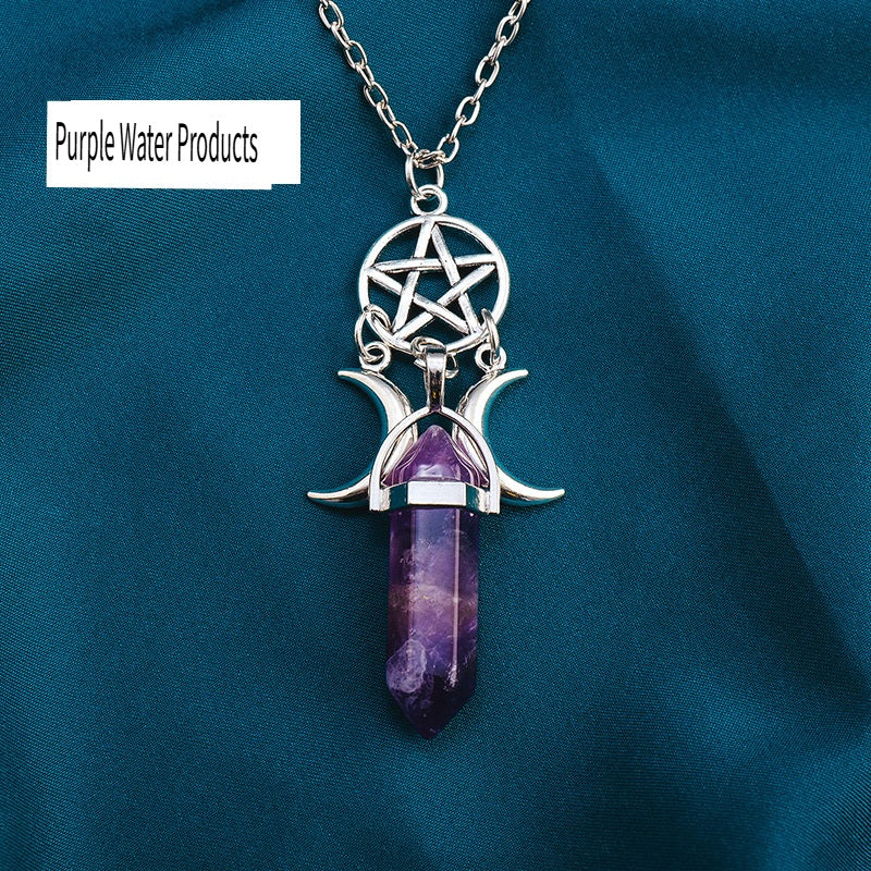 RYS Natural crystal gemstone hexagonal double pointed column pendant necklace, double moon five-pointed star necklace