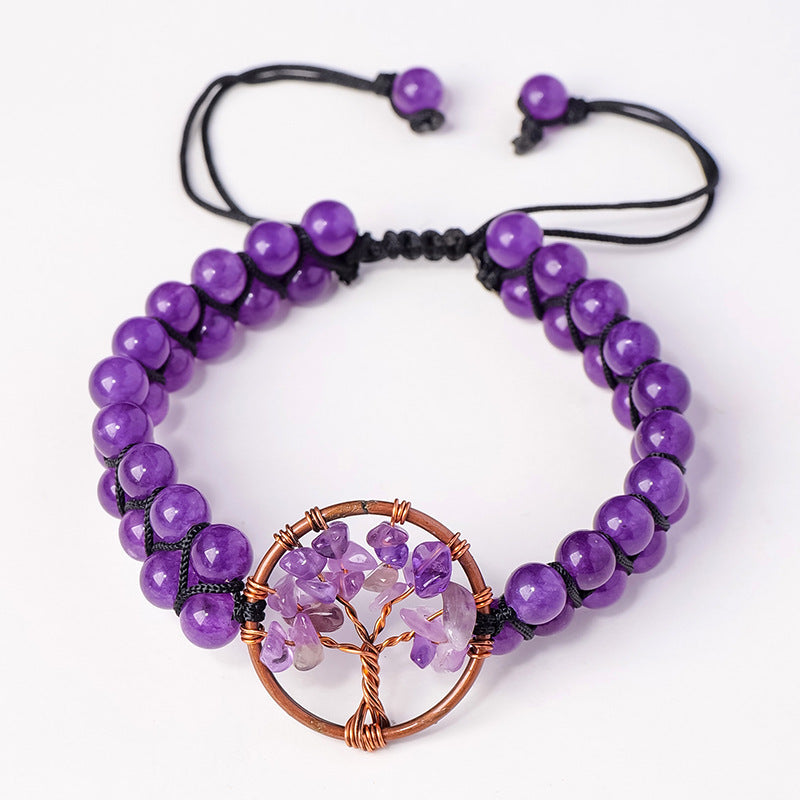 RYS Natural crystal gravel Tree of Life round bead bracelet, double-layer braided crystal bracelet