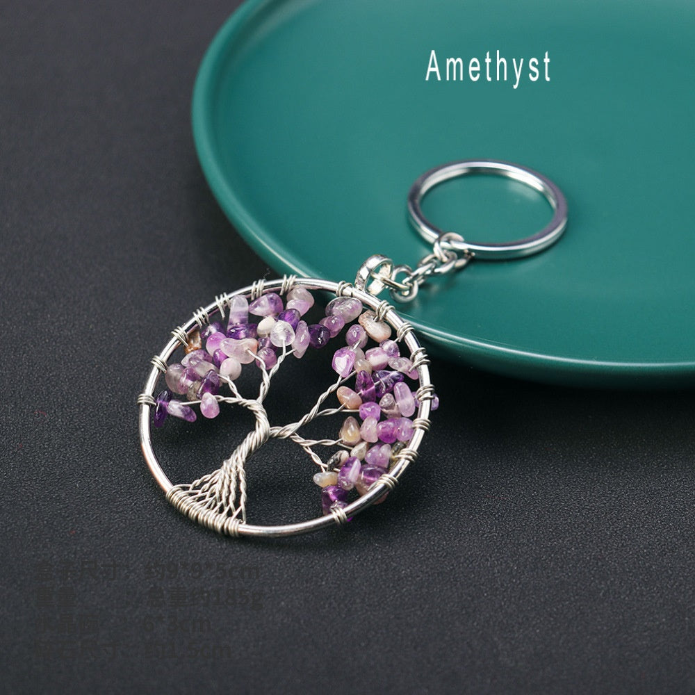 RYS Natural crystal Tree of Life keychain, crystal rough stone gravel key chain