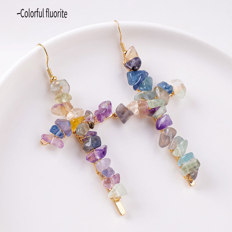 RYS Cross-shaped earrings with natural crystal gravel, handmade, simple women's ear hooks