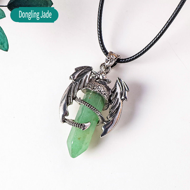 RYS Necklace with a pendant in the form of a flying dragon on one end column made of natural crystal, necklace with a hexagonal crystal column