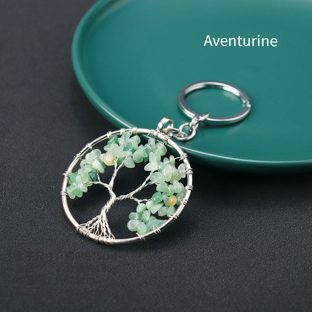 RYS Natural crystal Tree of Life keychain, crystal rough stone gravel key chain