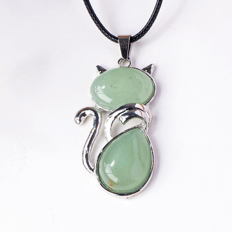 RYS Natural crystal semi-precious stone inlaid cat pendant necklace