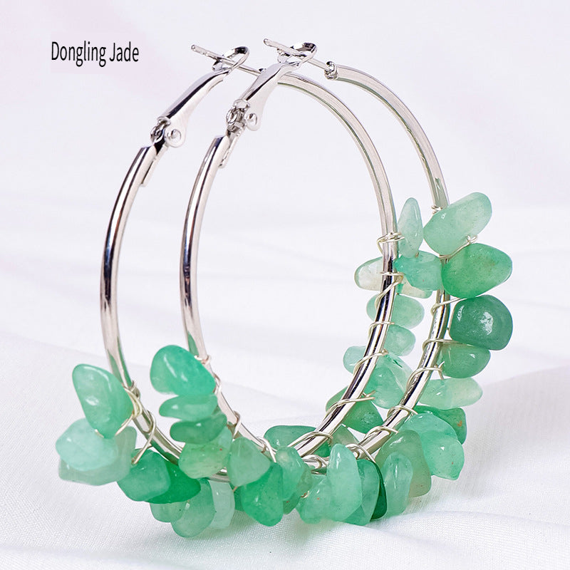 RYS Natural crystal gravel earrings, hand-wound, fashionable and versatile round earrings