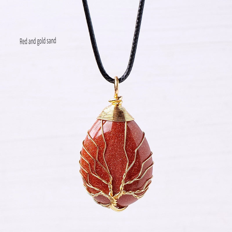 RYS Tree of Life water drop wrapped silk Pendant, hand-woven natural crystal energy stone necklace