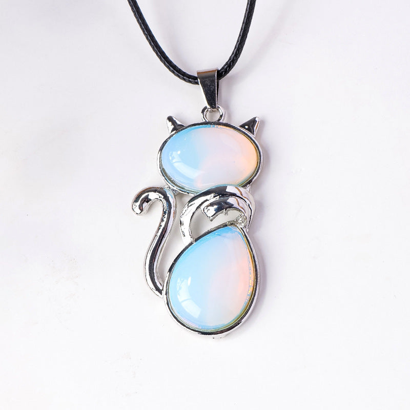 RYS Natural crystal semi-precious stone inlaid cat pendant necklace