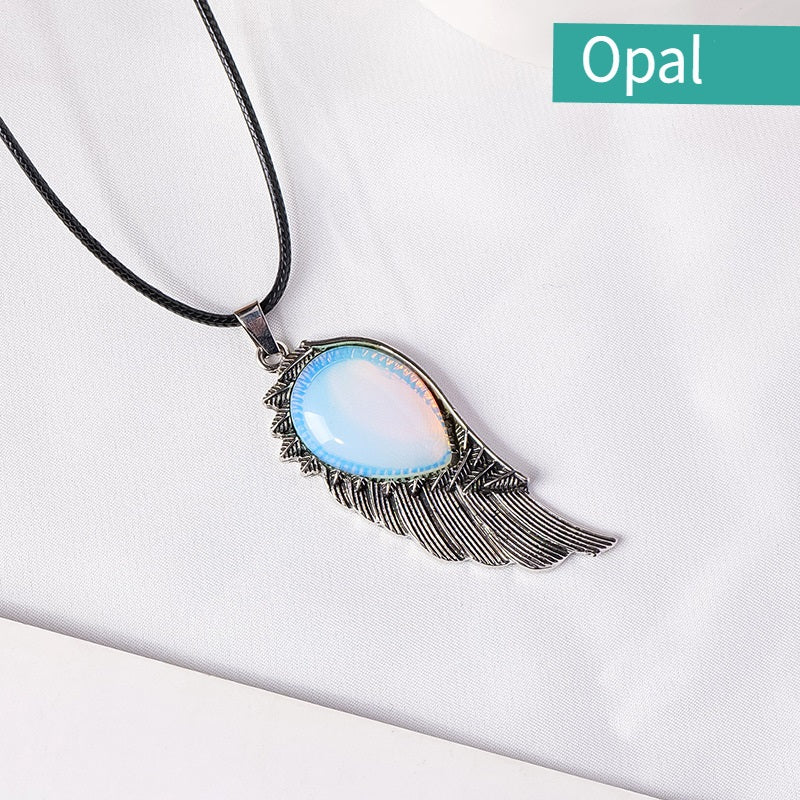 RYS Natural crystal gemstone rough Angel Wing Pendant necklace, retro crystal crafts