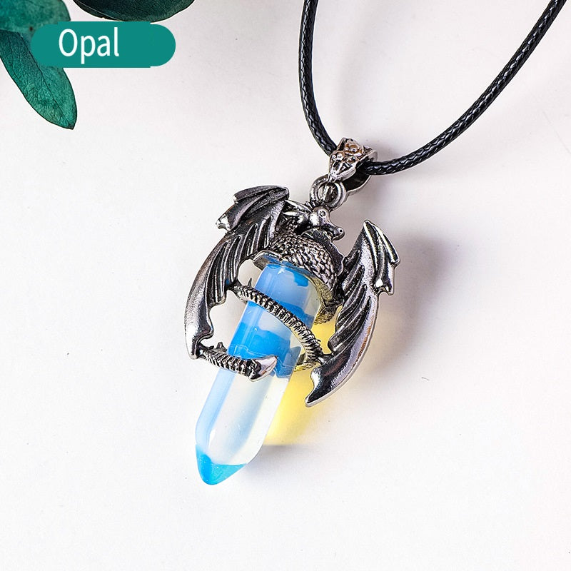 RYS Necklace with a pendant in the form of a flying dragon on one end column made of natural crystal, necklace with a hexagonal crystal column