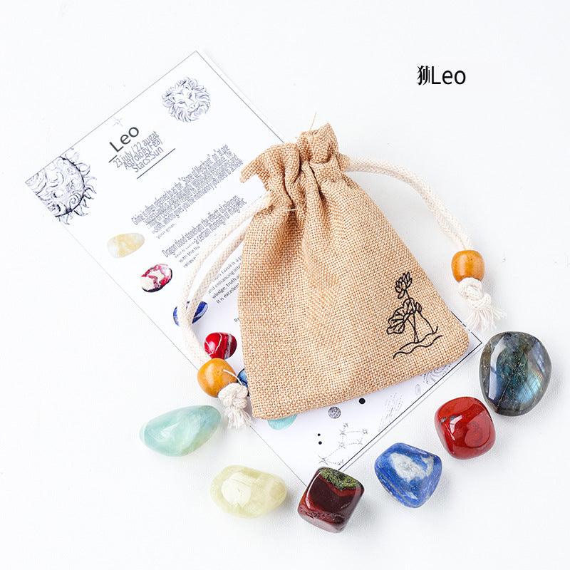 RYS Natural crystal cloth bag with rough stone, set of twelve constellations, handmade ore sample, gift for children