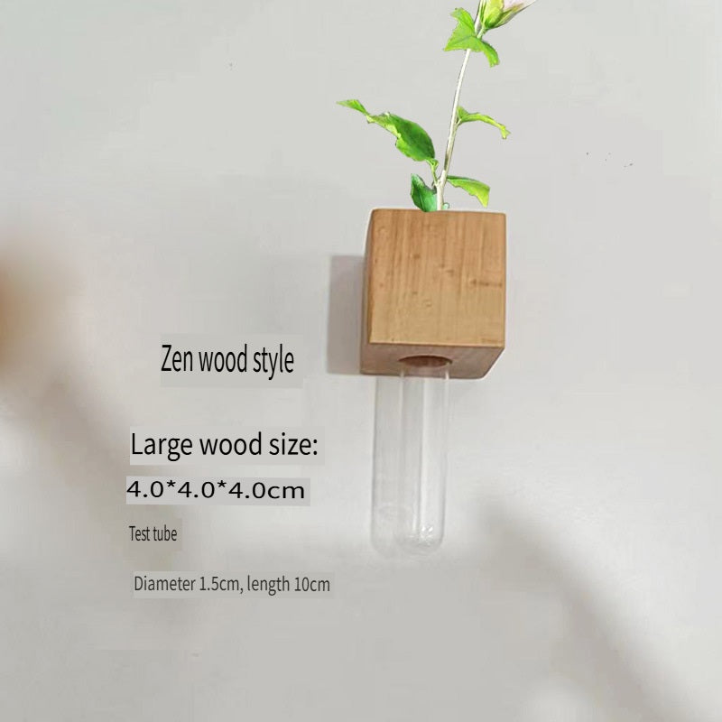 XMT Wooden vase creative home desktop decoration, with transparent glass test tube, hydroponic plant flower arrangement, simple pastoral style
