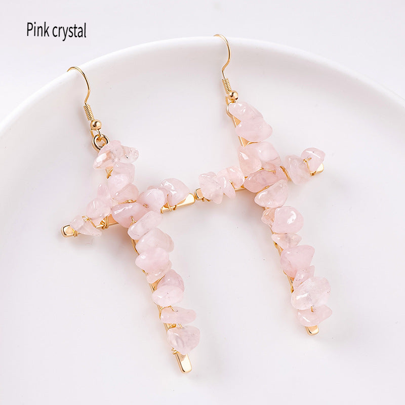 RYS Cross-shaped earrings with natural crystal gravel, handmade, simple women's ear hooks